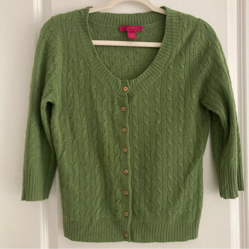 CASHMERE CACHE 100% 2 PLY CASHMERE GREEN CARDIGAN SWEATER BUTTON CLOSURE - Picture 1 of 7